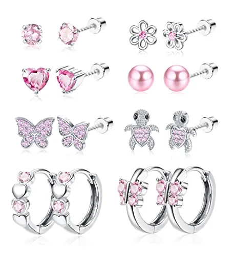 YADOCA 8 Pares Pendientes Hipoalergénicos para Mujer y Niñas - Acero Quirúrgico Arcoíris de Rosca, Aro, Mariposa con Flor de Corazón de Perla