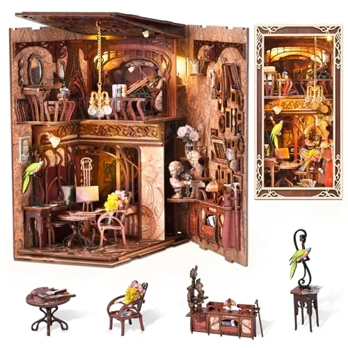 MiniCity Book Nook Kit DIY Casa de muñecas en Miniatura Kit Booknook, Rompecabezas de Madera 3D sujetalibros decoración con luz LED para Adolescentes y Adultos