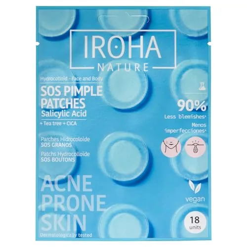 Iroha Nature - Parches para Granos con Ácido Salicílico, Árbol de Té y Centella Asiática, reduce los granos en 8h. Parches para acné (18 unidades).