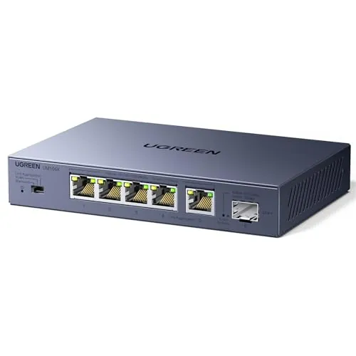 UGREEN 5 Puertos 2,5G Ethernet Switch y 1 Puerto 10G SFP+ Conmutador Ethernet Non Gestionado Carcasa Metálica Protección contra Rayos de 4KV, Compatible con PC, NAS y Cámara