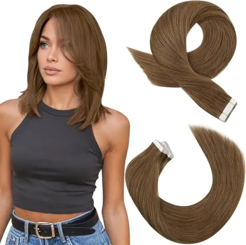 Moresoo Extensiones Adhesivas Pelo Nautral Castaño Claro 30cm 20pcs 30g Extensiones Pelo Natural Humano Adhesivas Remy Extensiones Tape Pelo Humano (12inch,#8)