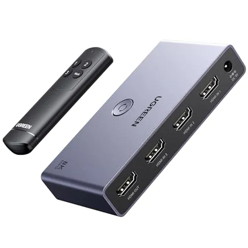 UGREEN Switch HDMI 2.1 8K 60Hz 4K 120Hz Switcher 3 Entradas a 1 Salida | 1080P Dolby Vision Atmos HDR 3D Alta Velocidad 48Gbps Compatible con PC PS5 PS4 Xbox One 360 ​​DVD TV Box Proyector