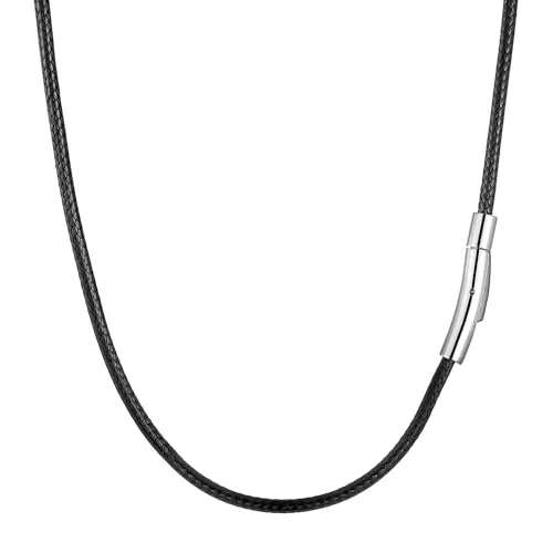 RWQIAN Cadena de Cuero Para Hombres Collar de Cuero Sintético Negro,Collar Tejido de Acero Inoxidable con Cierre Cadena 46cm Regalo del Día Del Padre 3mm