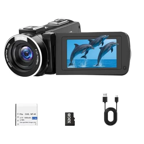 Videocámara 2.7K Cámara de Vídeo, 48MP Cámara para Vlog Youtube, Zoom Digital de 18X Pantalla Giratoria 270° 3.0" Camcorder con Tarjeta 32GB & Batería