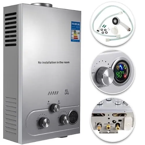 6L 12KW Calentador de Agua de Gas GLP Butano y Propano Calentador de Agua Calentador de Agua LPG Instantáneo Portátil,para Ducha Al Aire Libre,Baño,Camping