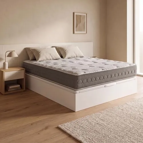 ROYAL SLEEP - Pack Descanso Montaje y Retirada de Usado Incluido | Colchón Viscoelástico Ceramic Plus 135x190 + Canapé Abatible Gran Capacidad Blanco Madera