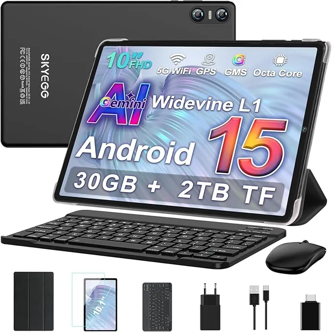 Tablet 10 Pulgadas Android 15 con Gemini AI, 30 GB RAM + Ampliable 2 TB ROM, Octa-Core, Widevine L1, WiFi 5G, Cámara 8 MP + 5 MP, Batería 6000 mAh, con Teclado, Ratón y Funda – Negro Grafito