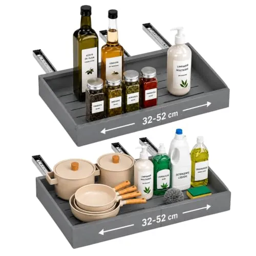 AMMERGI Cajones Extraibles para Cocina - Bandeja Extraíble Armario Cocina - Organizador Armario de Ancho Ajustable (32-52cm) Para Almacenaje y Organizador en Hogar - Sin Taladrar (Gris 42)
