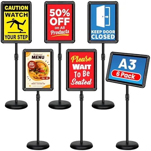 VAIIGO 6 Unidades Soporte Ajustable para Carteles A3 Aluminio | 360° Giratorio Soporte Publicitario e Información con Esquinas Redondeadas | Expositor para Menú, Publicidad, Poster, Bodas, Negro