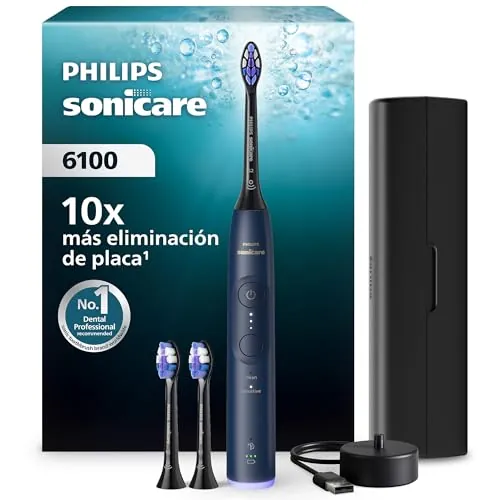 Cepillo eléctrico Philips Sonicare Serie 6100 - Tecnología Next Generation, sensor de presión, 6 ajustes, SmarTimer, BrushPacer, 21 días de autonomía, estuche de viaje, azul marino, HX7403/07