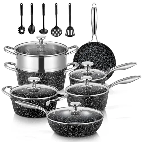 FOHERE Juego de Ollas y Sartenes Cocina Cerámicas Antiadherentes 17 Piezas
