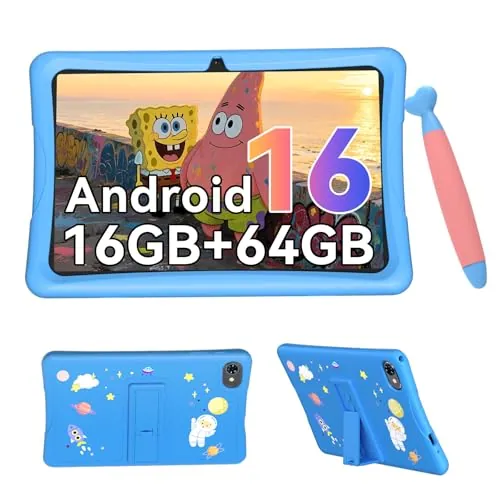 Tablet para Niños 10 Pulgadas, Android 16 Tablet para Niños de 3 a 12 Años, 16GB RAM 64GB ROM/2TB TF, Controles Parentales, GMS, WiFi6, Tablet Infantil con Funda Anticaídas y Lápiz, Garantía de 4 años