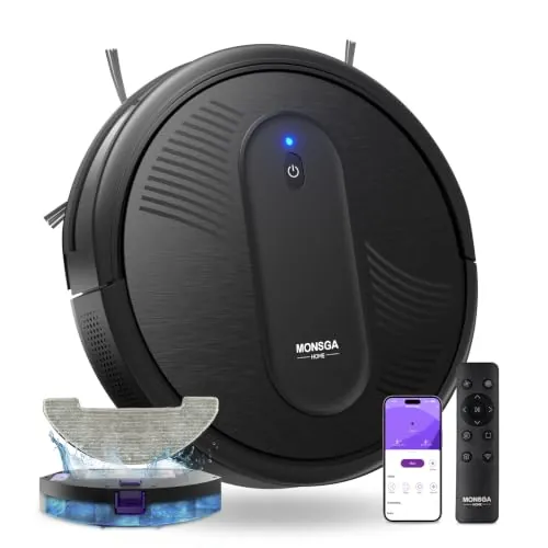 MONSGA Robot Aspirador,Robot Aspirador y Fregasuelos 4000Pa Presión de Succión, Autonomía 140 Minutos, Sensores Anticaídas y Cepillo Multifunción, TotalSurface, App Control