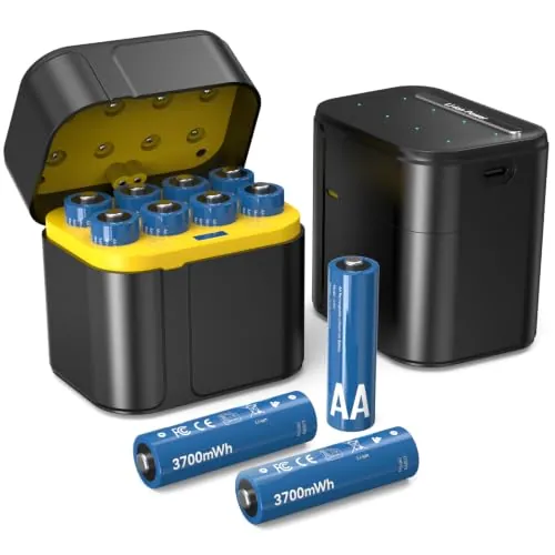 SURFOU 8 Pilas AA Recargables de Litio 1.5V 3600mWh con Cargador | Alta capacidad 3700mWh, más de 2000 ciclos de vida útil, carga rápida inteligente y pantalla LED de estado
