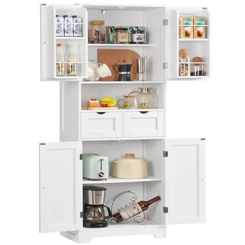 TEENFON Alacena de Cocina Alta y Despensa, Armario de 4 Puertas con 2 Cajones, Estantes Ajustables y 2 Organizadores de Puerta, Gran Armario Despensa y Aparador para Cocina, Salón, 161cm, Blanco