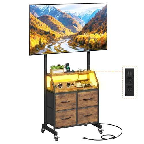 OYRREU Soporte TV con Ruedas, LED y Enchufes Integrados, Soporte TV 32–75"