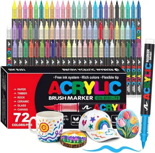 Melifluo 72 Rotuladores Acrílicos Punta Pincel - Marcadores Permanentes para Piedras, Tela, Vidrio, Madera, Cerámica, Lienzo y Papel - Pintura Acrílica de Secado Rápido para Lettering y Manualidades