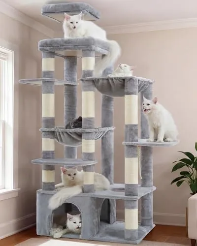 Heybly Árbol para Gatos, 180 Cm con Rascador para Gatos, Base Extra Estable, Plataforma XL, Casa Grande, 2 Hamacas, Ideal para Razas Grandes, Gris Claro HCT037W