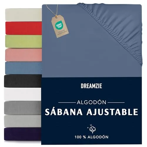 Dreamzie Sabanas 80x190/200 Ajustable - Algodon Oeko Tex Certificado - Azul - Sábanas Bajeras 80 x 190/200-100% Jersey