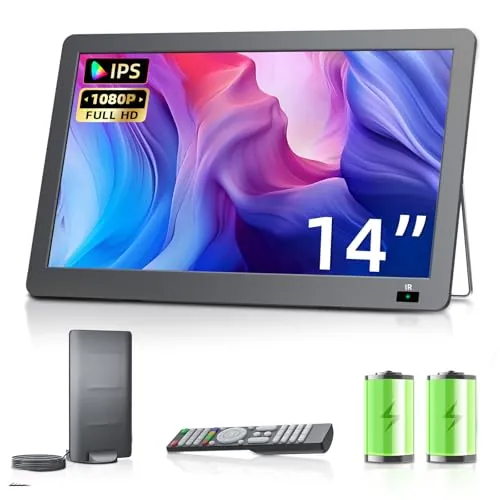 Desobry Televisor portátil 14,3 Pulgadas, Mini TV Recargable 1080P con Antena y sintonizador DVB-T2, Exteriores Compatible con Entrada HDMI/USB/AV, TV 12v para autocaravanas/Camping/Habitación