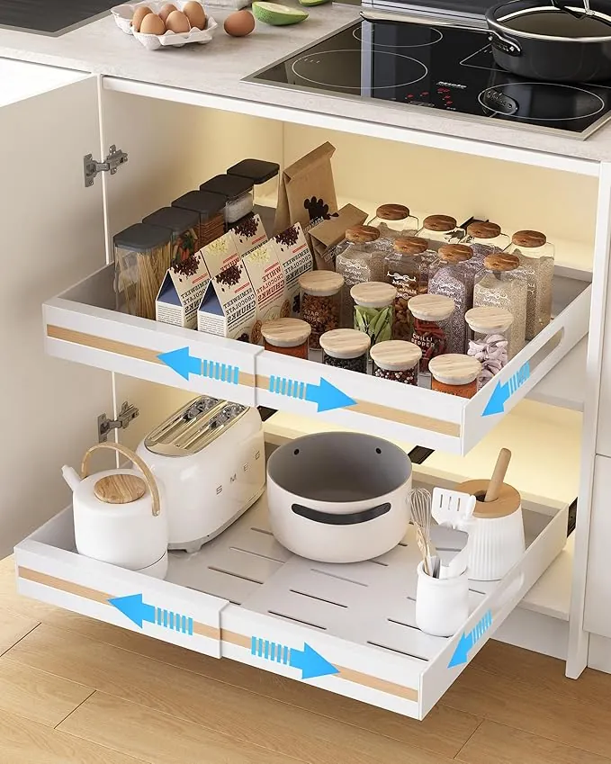 UMDONX 2 Paquete Organizador Armario Cocina Cajones Extraibles Adhesivos - Cajones Deslizables y Estantes para la Despensa, Ancho Ajustable de 30.5 a 51.5 cm, Blanco