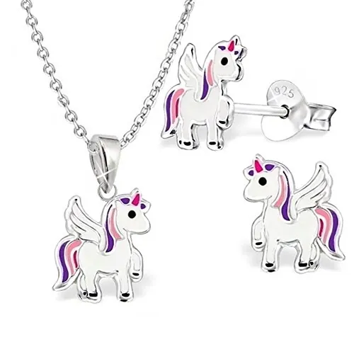 Juego de joyas para niños, diseño de unicornio pequeño, plata de ley 925, collar para niñas, pendientes de caballo, pegasus, Plata esterlina Plata de Esmalte, No aplicable