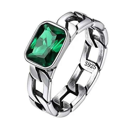 Bestyle Anillo Plata de Ley 925 Anillos de Cadena Cubana con Circonita Cúbica Esmeralda Anillos de Hombre Tamaño 27,5