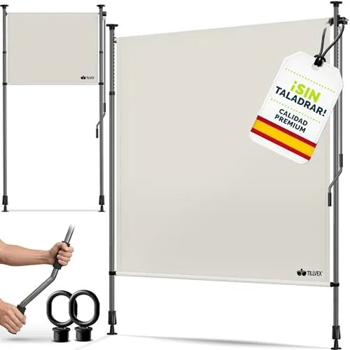 tillvex Toldo vertical con pinza, 120 x 310 cm, color beige con manivela sin agujeros, protección visual extensible y opaca, toldo vertical para balcón, terraza, jardín, estor de protección visual