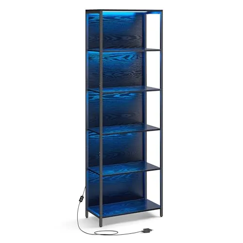 VASAGLE Estantería de 6 Niveles con Luz LED, Librería con Luces Ajustables, Marco de Acero, 30,3 x 60 x 178,6 cm, para Sala de Estar, Dormitorio, Oficina, Negro Ébano LLS120B57