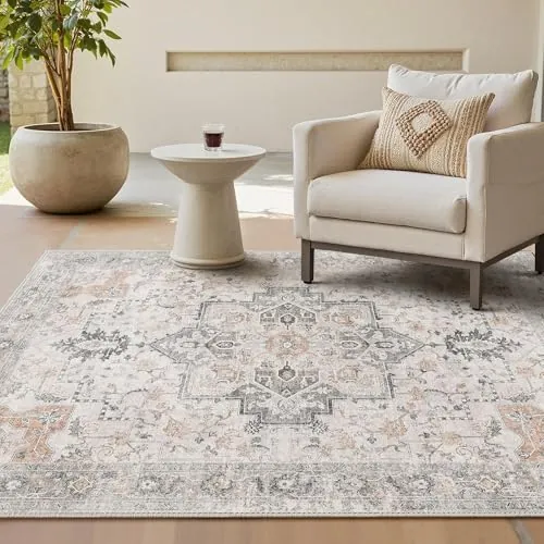 GENIMO Alfombra Salon Vintage Alfombras de Área Lavables en Máquina, Alfombras con Base Antideslizante, Alfombra de Dormitorio de Pelo Corto para Cocina, Comedor, Marrón Claro Taupe, 160X230CM