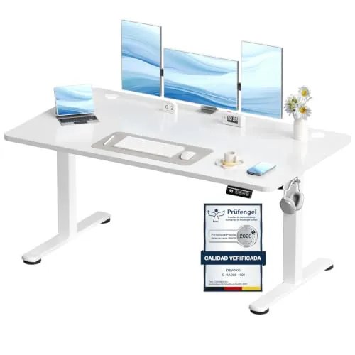 Devoko 140x60 cm Escritorio Regulable en Altura, Escritorio Elevable Eléctrico Telescópico Bidireccional, Escritorio de Oficinay Hogar, para Estudio en Casa con Tablero Ensamblado, Blanco