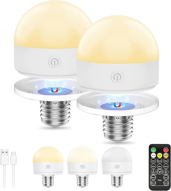 Suright 2 Pack Bombilla Recargable USB Con Mando a Distancia, Bombilla LED E27 3 Color Regulable con Batería, Luz Led Recargable con Temporizador, Extraíble para Iluminación para Decoración del Hogar