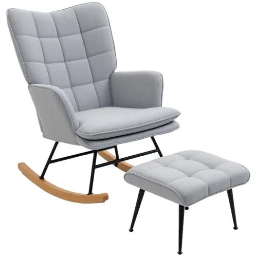 HOMCOM Silla Mecedora con Reposapiés Respaldo Alto 130 kg Gris Claro