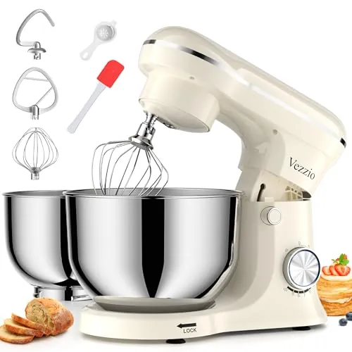 Vezzio Batidora Amasadora de Repostería 1500W, Doble Cuenco de Acero Inoxidable (5 QT y 6 QT), 10 Velocidades, con Batidor, Gancho y Varilla Plana, Ideal para Cocina y Repostería en Casa(Blanco)