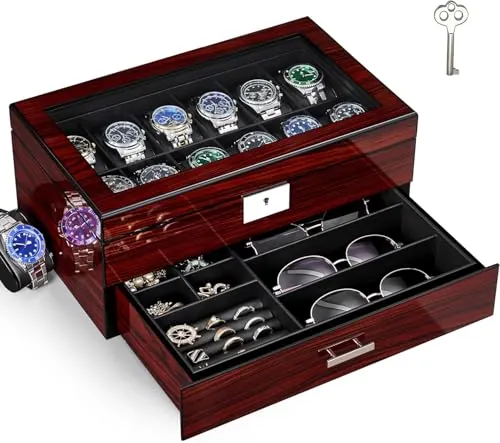 ANWBROAD Caja de Relojes con 12 Ranuras, Joyero Hombre con Tapa de Cristal