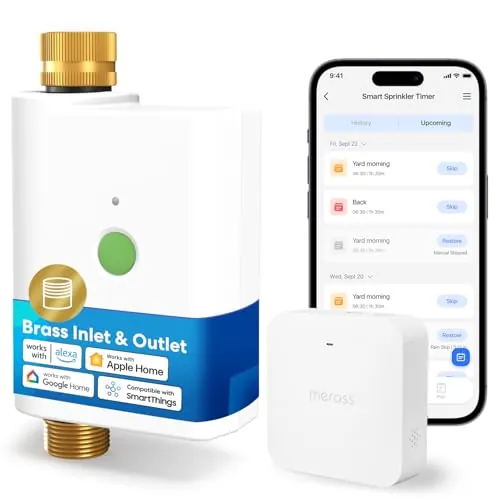 Meross Programador Riego WiFi MST100, APP Riego Automatico & Control Remoto, Pausa Lluvia y Monitoreo Consumo Agua, Conexión Doble Latón, Compatible con Apple Home, Alexa y Google Home, Blanco, 2.4GHz