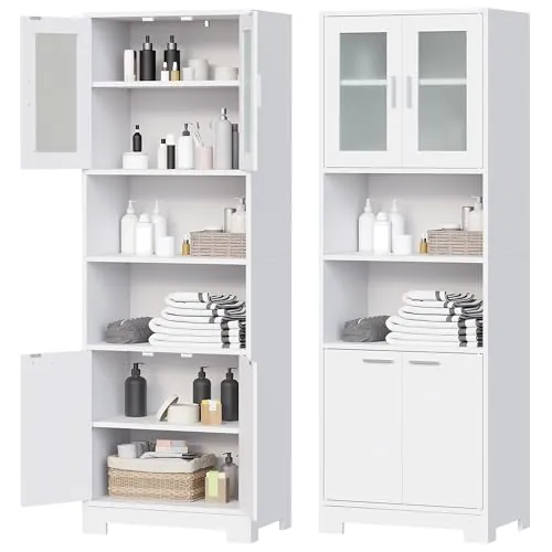 Armario Alto de Baño, Columna Mueble Auxiliar con 2 Estantes Abiertos