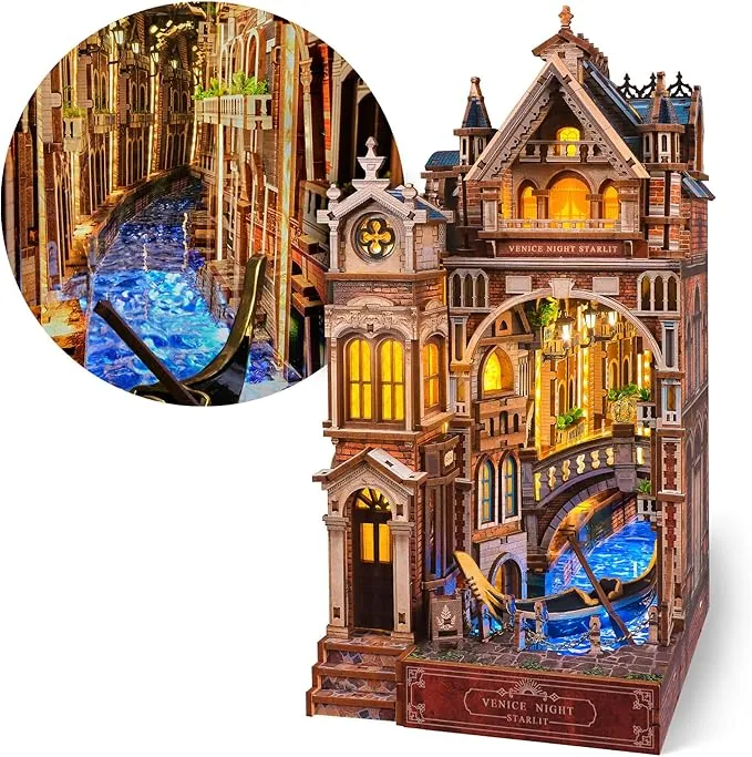 FUNPOLA Venice Night Starlit Book Nook Kit – Puzzle 3D de Madera con Espejo Infinito LED – Decoración DIY para estantería, Miniatura Creativa para niños y Adultos (Venecia Estrellada)