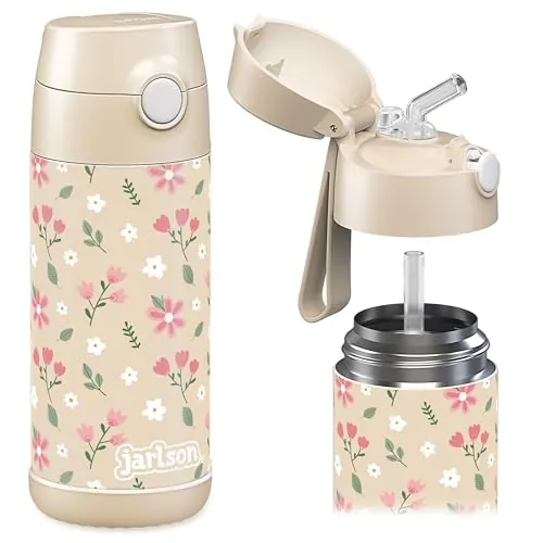 Jarlson® Botella Agua Niños & Niñas CHARLI [ACERO INOXIDABLE] - Garrafa Térmica Infantil Sin BPA - Water Bottle con Pajita - Botellas Inox a Prueba de Fugas (Flores, 350 ml)