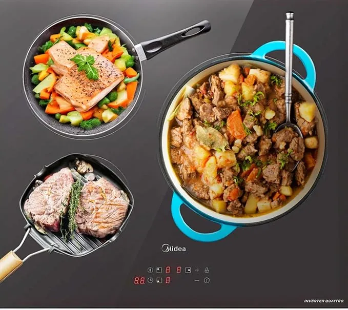 MIDEA Placa Inducción 3 fuegos 60 cm 7200 W - Vitroceramica Induccion Integrada con Panel de control tactil, Inverter quattro, 9 Niveles de Potencia, Booster, Indicador de Luz, y Temporizador.