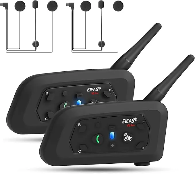 EJEAS V6 Pro+ Intercomunicador Casco Moto Mejorado, Sistema de Comunicación de Intercom de Casco de Motocicleta Bluetooth 5.1, Interfaz Tipo C, Puede Conectarse al Mango EUC (Excluyendo) (2 Paquete)
