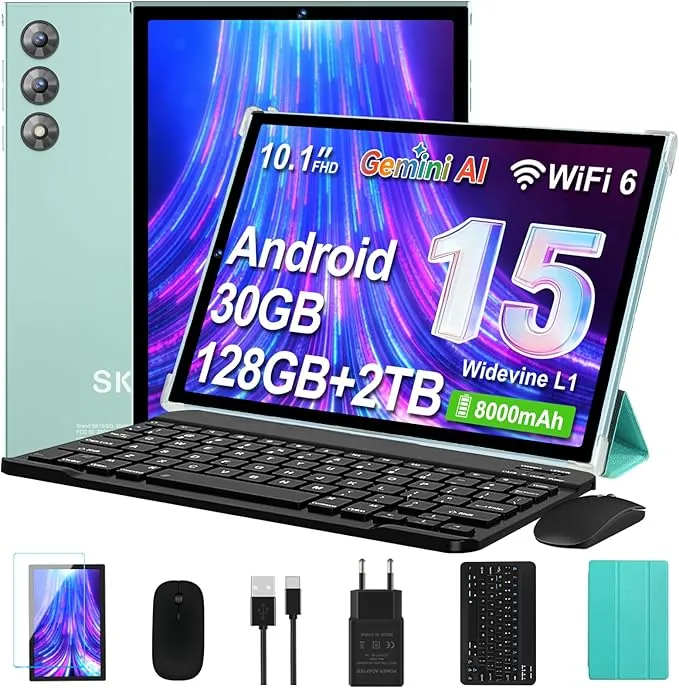 Tablet 10 Pulgadas Android 15 con Gemini AI, 30GB RAM + 128GB ROM Ampliable 2TB, Octa-Core, WiFi 6, Widevine L1, Batería 8000mAh, Cámara 8/5 MP, Teclado, Ratón y Funda, Cuerpo Metálico - Verde