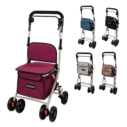 Mobiclinic®, Andador Plegable, Carro de la Compra con Asiento, 21L, Monomando, Acero, Gran Cesta, Respaldo y Acolchado, Sistema Frenado, Ruedas 360º, Coliseo (Fucsia)