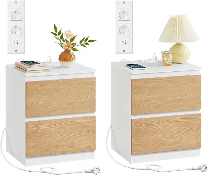 VASAGLE KAILYN Colección - Juego de 2, Mesita de Noche con Regleta de Enchufes, Mesa Auxiliar, 2 Cajones, 2 Tomas AC, 2 Puertos USB-A, Salón, Dormitorio, Amarillo Almendra LET821Y02