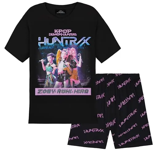 KPop Demon Hunters Oficial Huntrix Pijama Niña Manga Corta Chica, 5-14 Años, Guerreras KPOP Regalos (11-12 Años, Negro Huntrix)