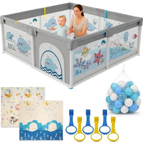 Parque Infantil Bebe 150x180cm + Alfombra Bebe + 60 Bolas + Agarraderas + Bolsas de Transporte – Corralito Bebe con Malla Transpirable – Parque de Juegos Bebe – Playpen Bebe (150x180 cm)