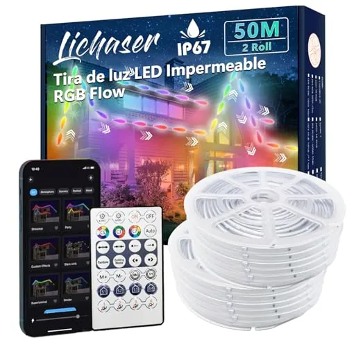 Lichaser Tira LED Exterior Impermeable DIY IP67 RGB+IC, Seguimiento, Segmentación de Tiras LED con Aplicación BT y Control Remoto RF Para uso en Exteriores (50m)