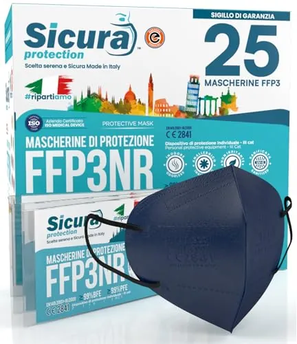 25 Mascarillas FFP3 Certificadas CE AZUL Oscuro y Elásticos Negros BFE ≥99%