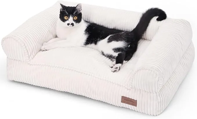 FUKUMARU Cama Sofá para Gatos, Acogedora Cama de Pana para Gatos de Interior con Funda extraíble y Lavable, Camas Antideslizantes para Perros Sofá para Perros Pequeños Cute, 27inch, Medium, Cream