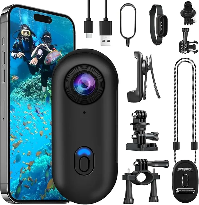 OBEST Mini Camara Acción 4K 360 Cámara Deportiva Casco Moto Bodycam POV Vlog Camera WiFi Magnético Impermeable, Action CAM Corporal Video Buceo Pequeña para Deportes Actividades al Aire Libre Negro